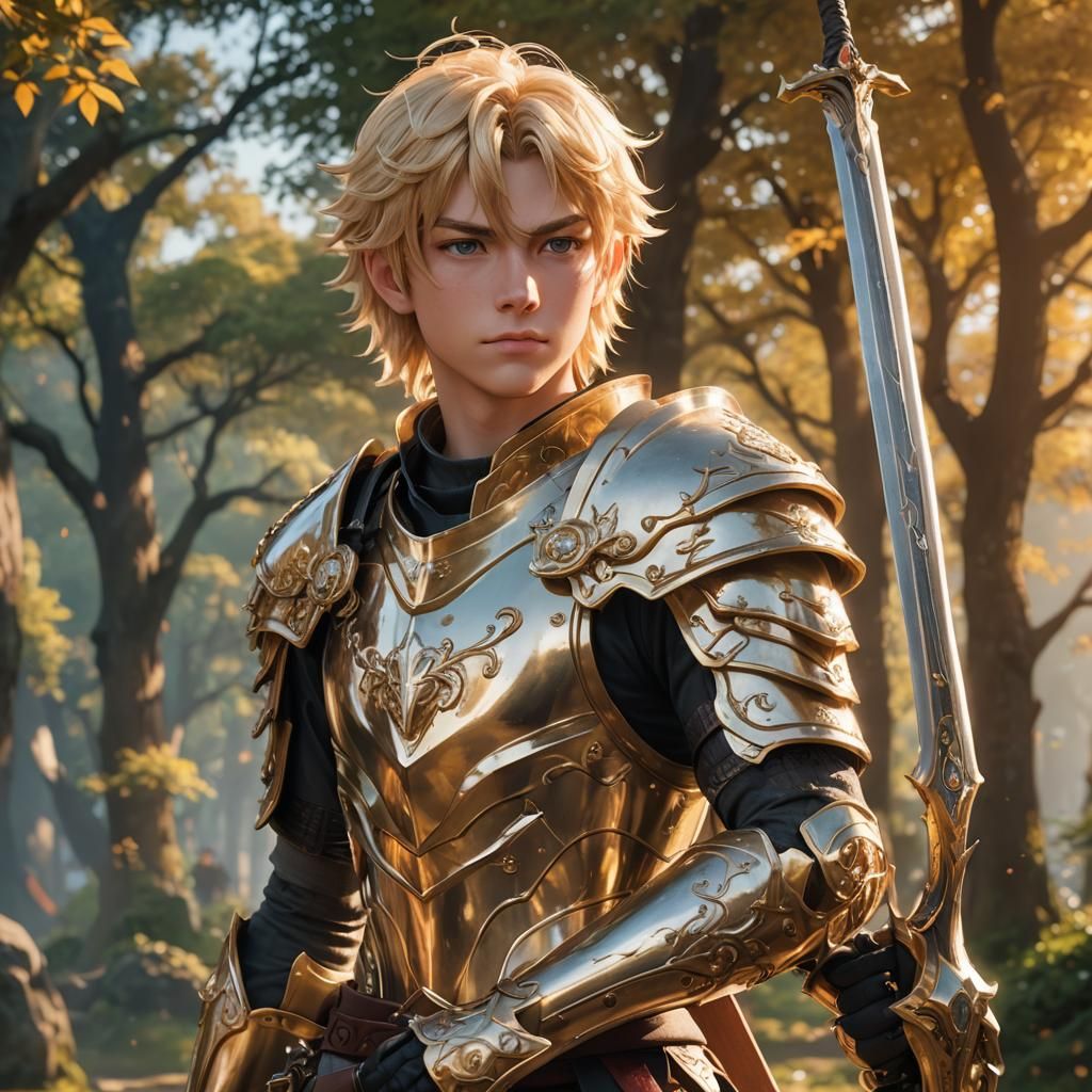Anime Boy with Sword in Golden Hour Lighting
