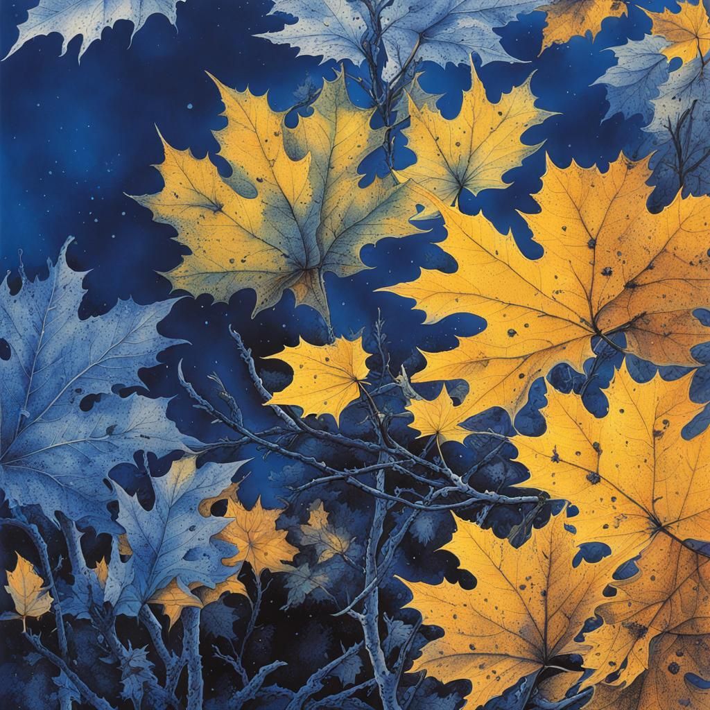 Autumn Leaves Fall: Blue Ink Drawing