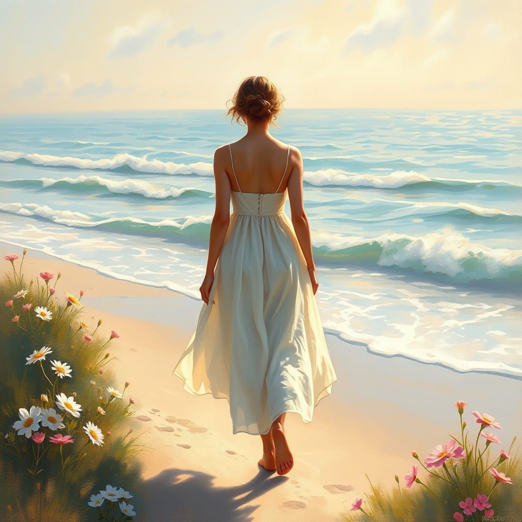 Serene Woman Walking Along Tranquil Beach in Impressionist S...