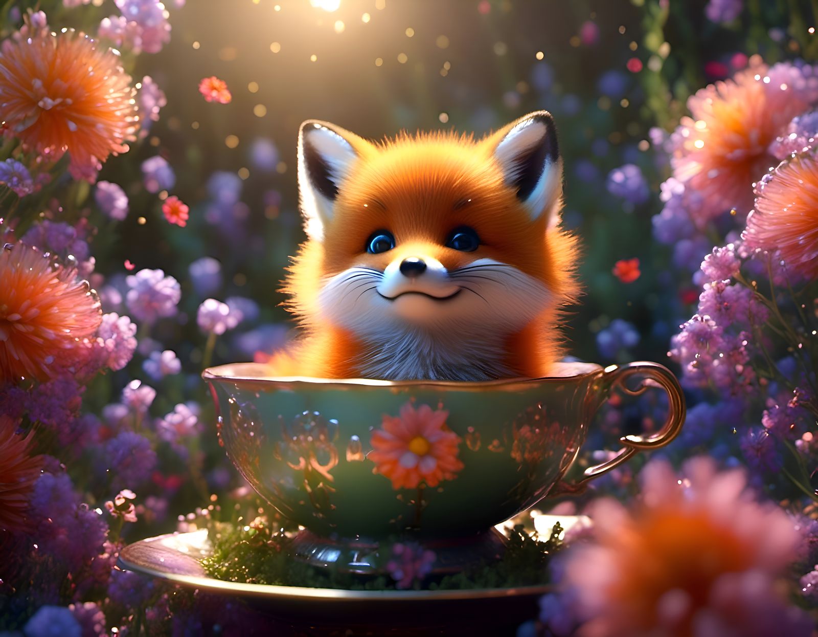 Fluffy Fox in Teacup with Dreamy Eyes