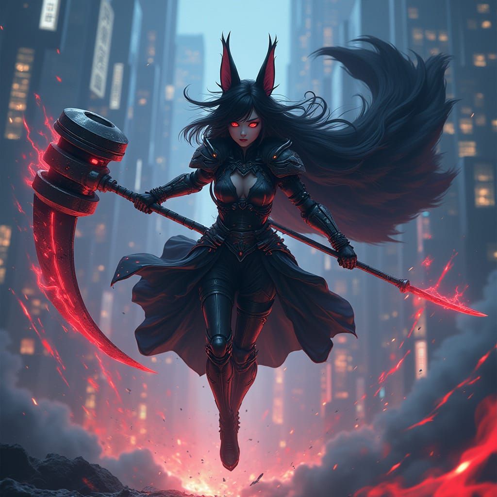 Cyberpunk Kitsune Warrior Soars through Neo-Tokyo Skies
