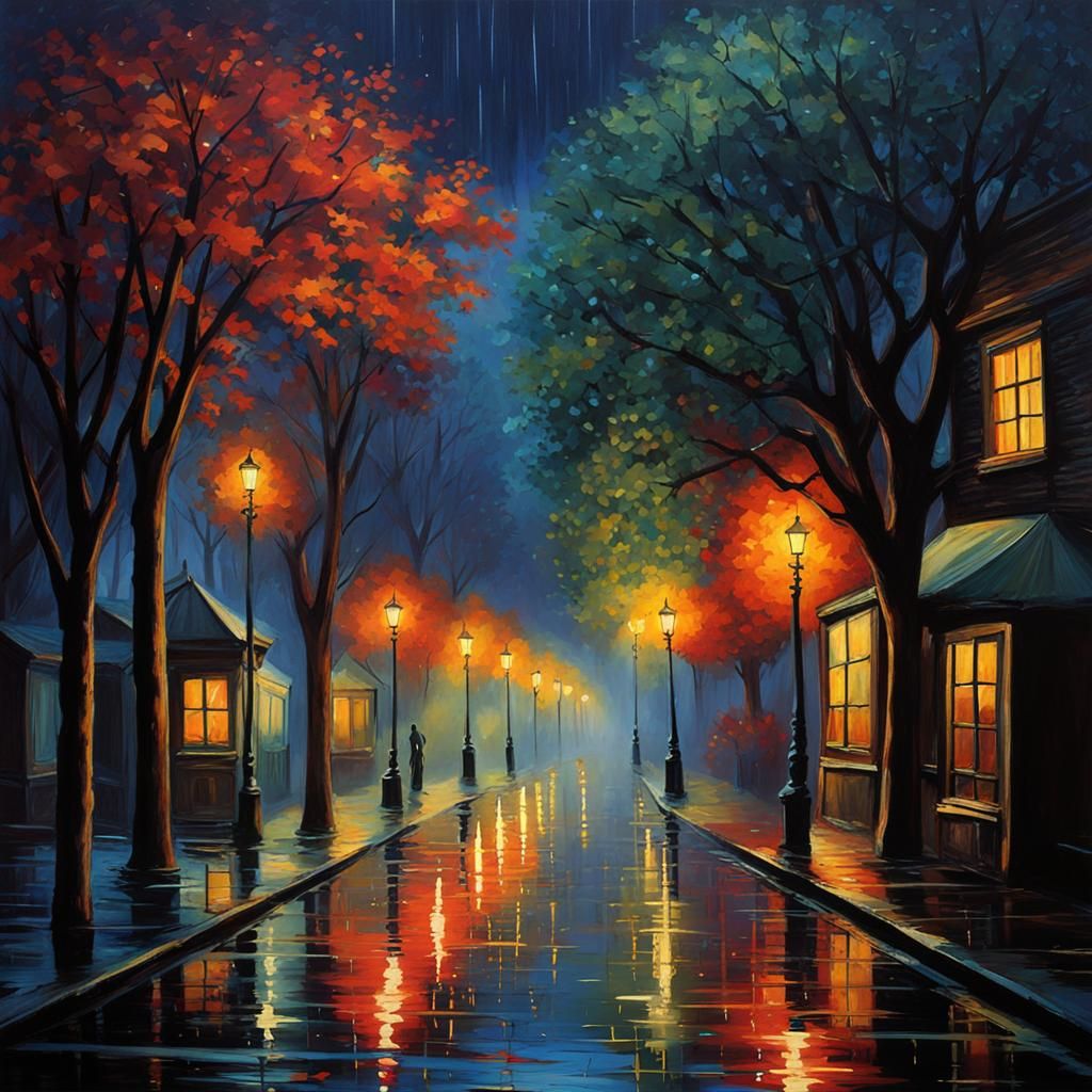 Rainy Night Street Scene in Folk Art Style