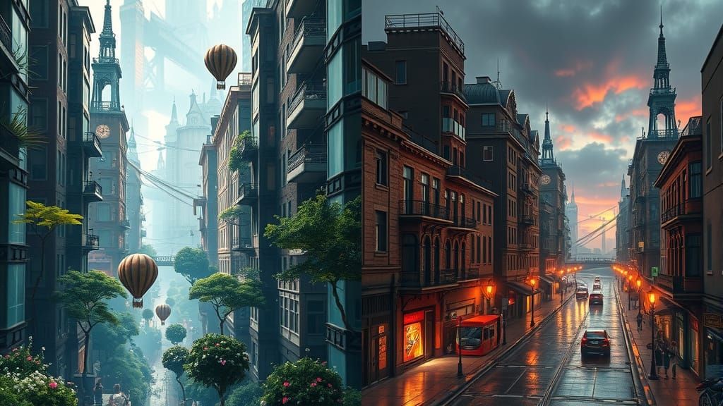 Split Image: Sci-Fi vs. Victorian Urban Zone