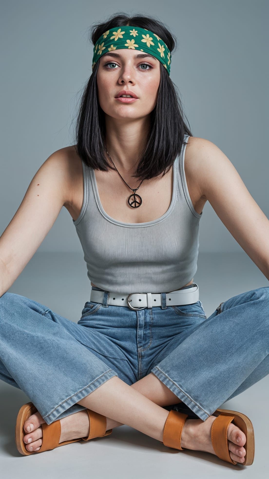 Young Woman in Floral Headband and Peace Sign Necklace