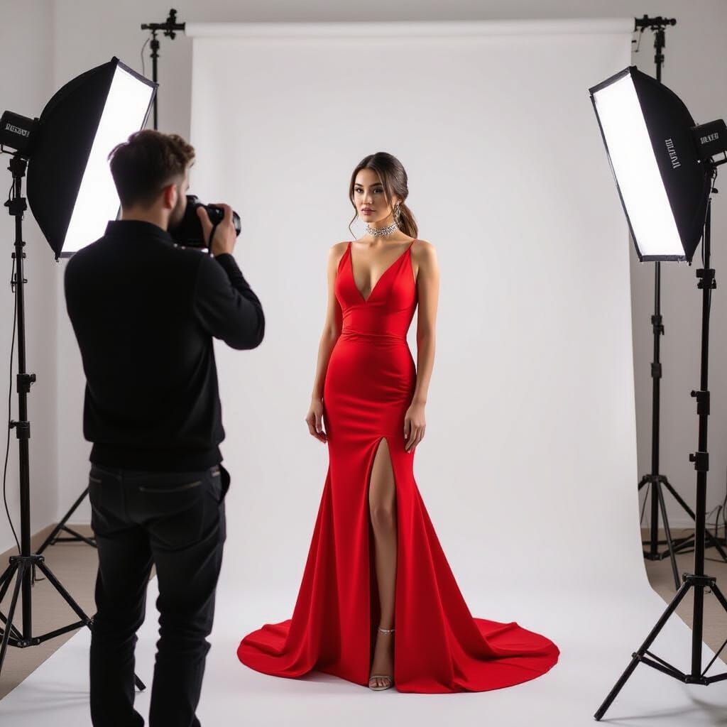 Woman in Red Ball Gown Posed in Photo Studio