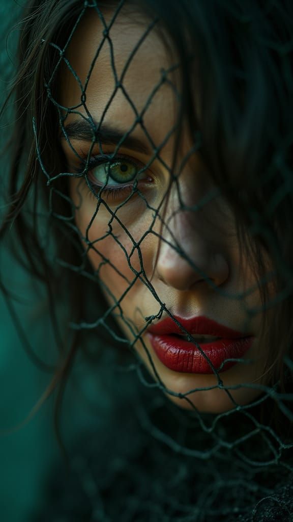 Emerald Gaze Through Mesh: A Cinematic Masterpiece