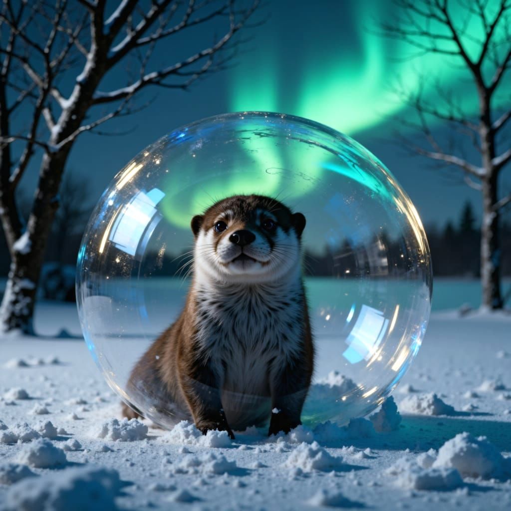 Baby Otter in Snow Bubble Under Aurora