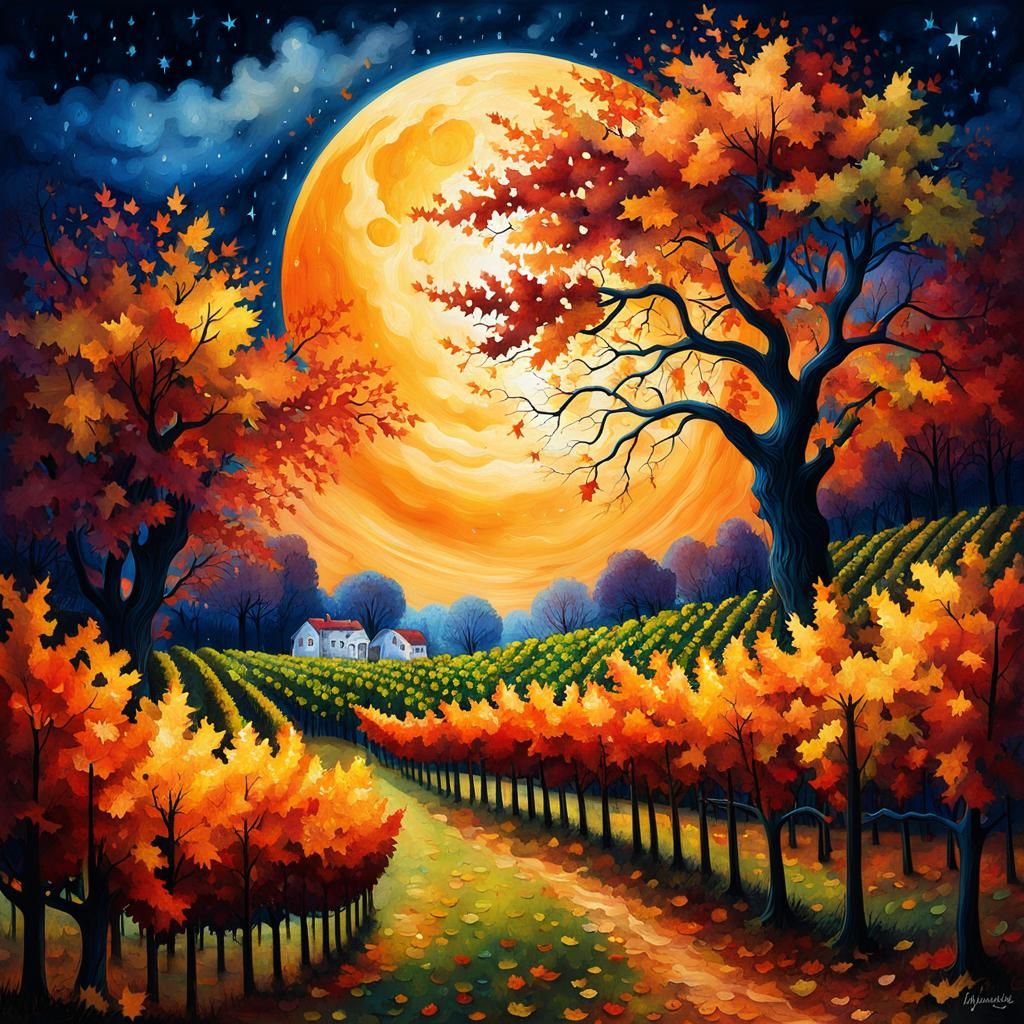 Autumn Vineyard Under a Starry Sky