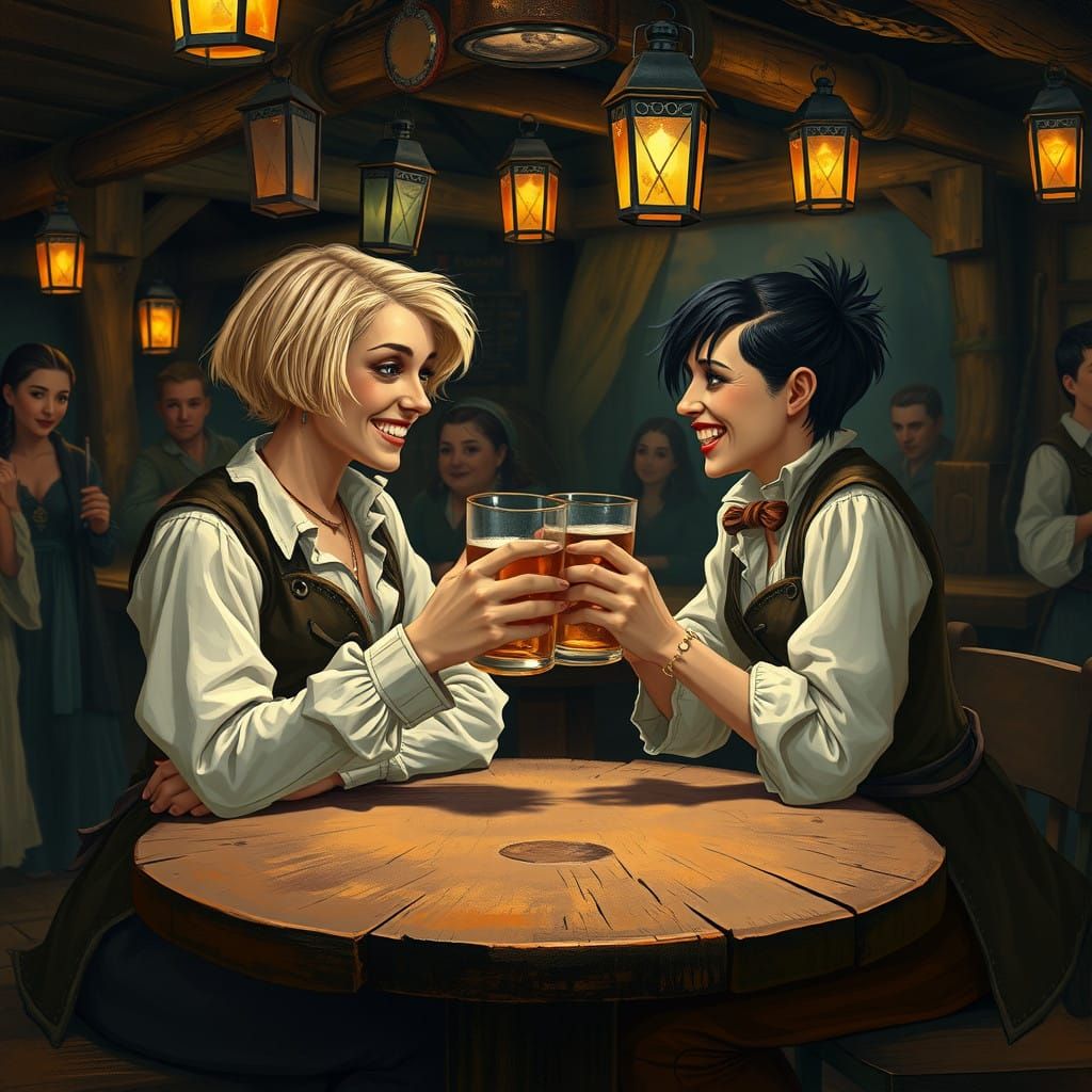 Pirate Women Share a Toast in 18th Century Tavern