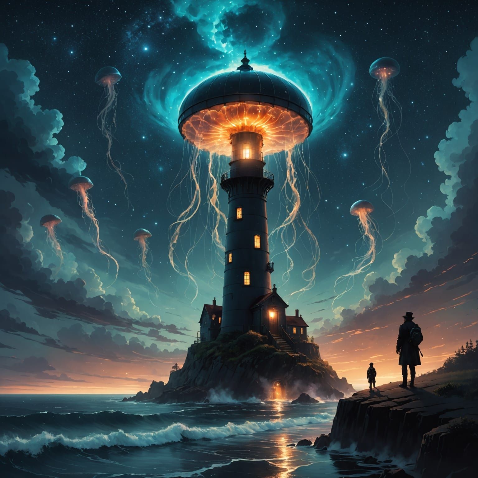 Lighthouse Keeper Watches Bioluminescent Jellyfish Under Sta...