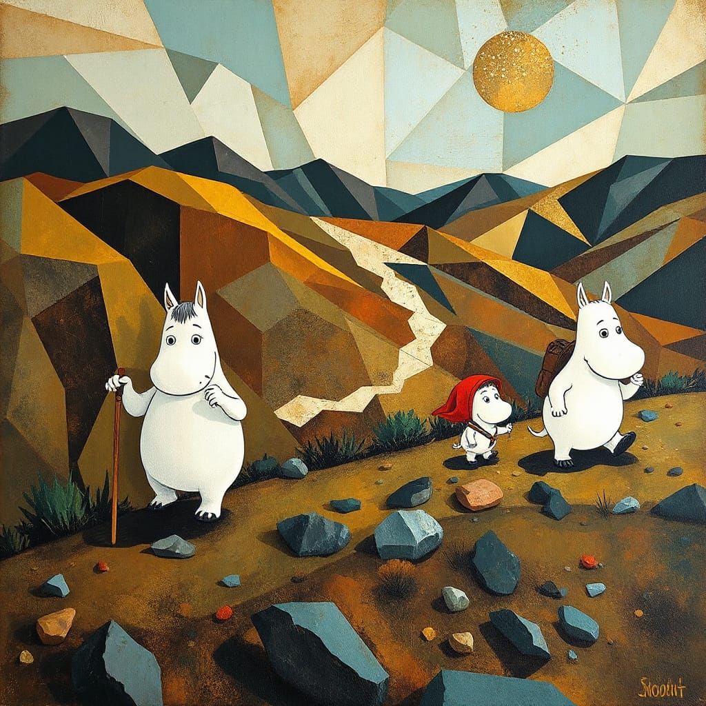 Whimsical Moomin Family Hike in Kintsugi-Inspired Oil Painti...