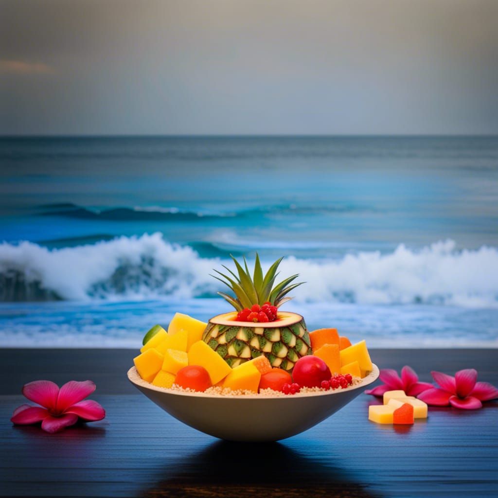 Tropical Fruit Bowl Carved from Coconut