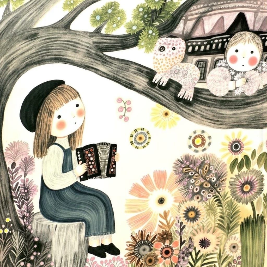 Enchanted Whimsy: Young Girl Plays Accordion in a Fairytale...