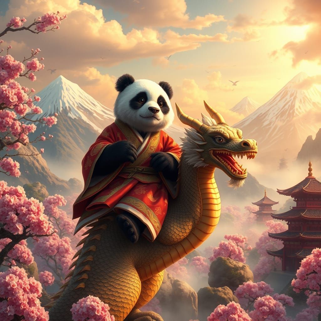 Majestic Panda Rides Dragon in Cherry Blossom Wonderland