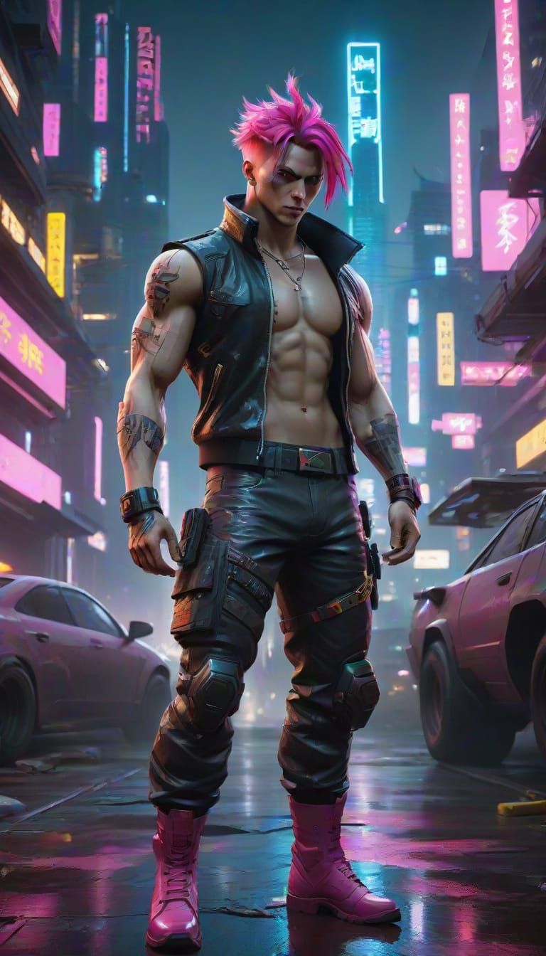 Cyberpunk Hero Stands Tall in Front of Dystopian City