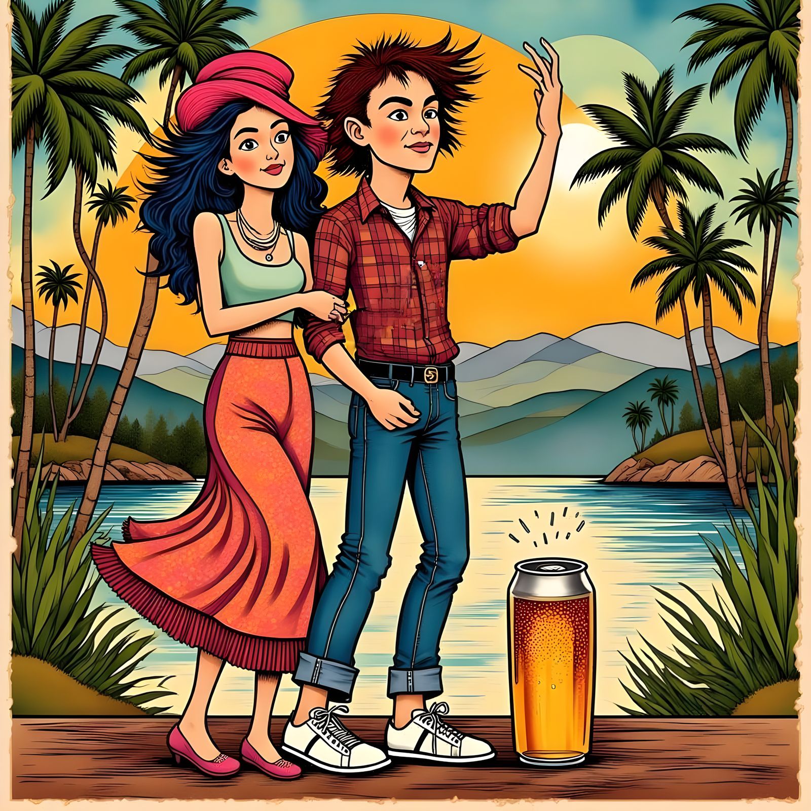 Vibrant Retro Comic Art of Beer Cans in Rock and Roll Attire