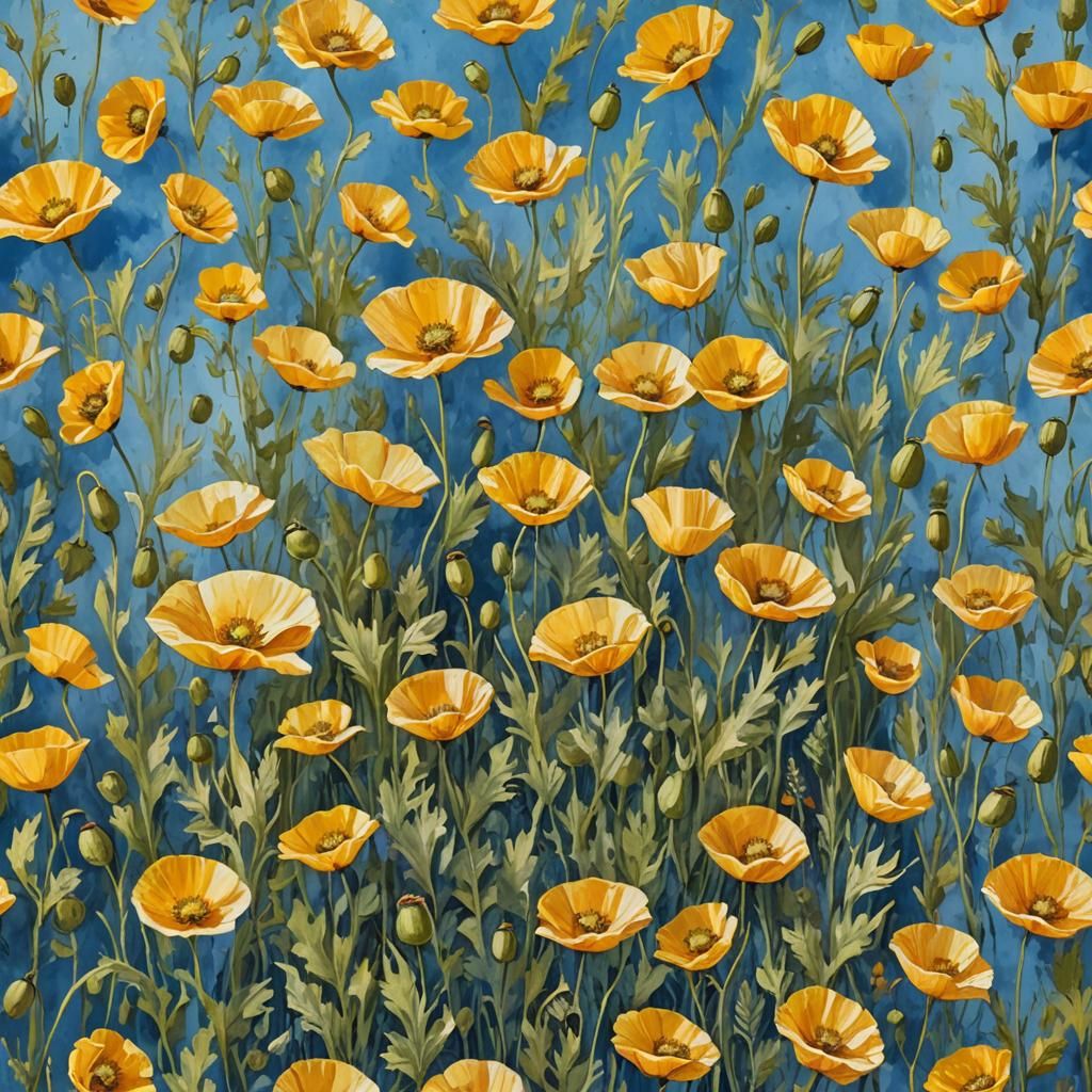 Yellow Poppy in Blue Sky as Gouache Painting