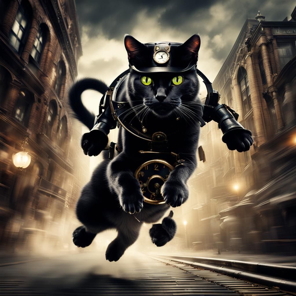 Steampunk Cat Leaps Through Dark City