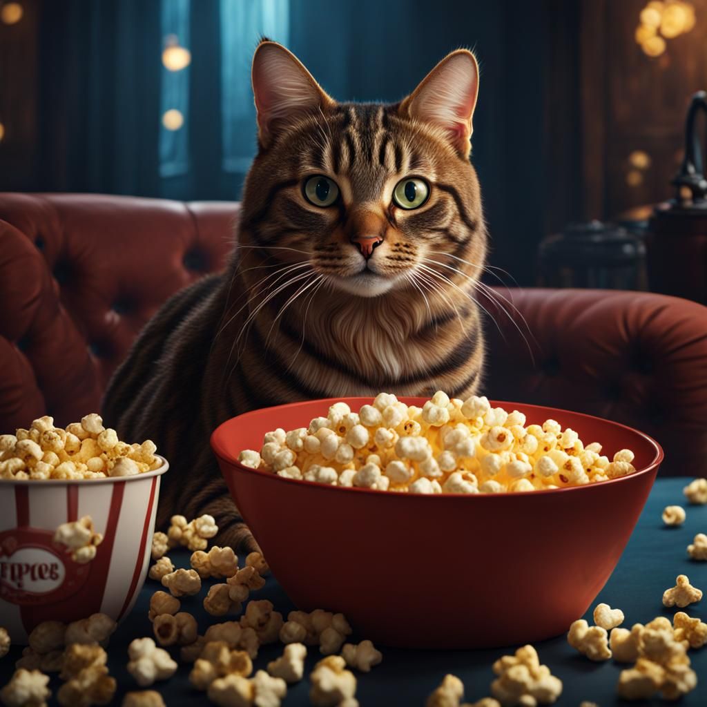 Tabby Cat Movie Night: Detailed Fantasy Art