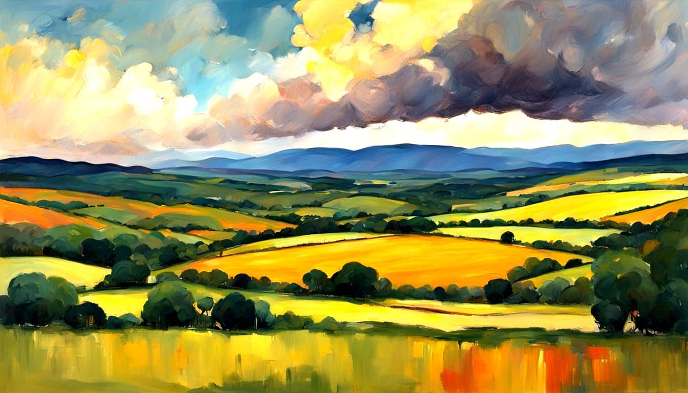 A Summer landscape and approaching storm, whimsical