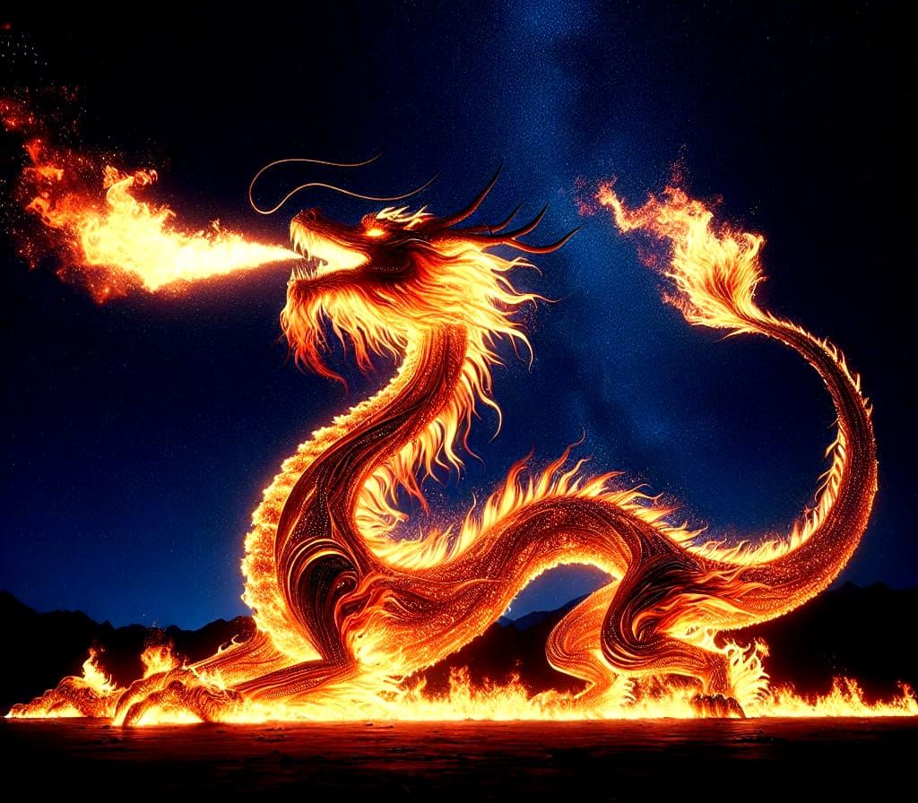 Fiery Dragon Soaring Through Starry Night Sky