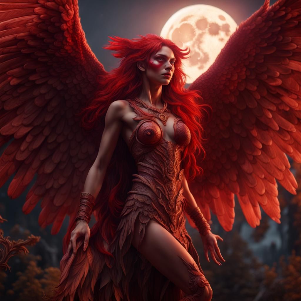 Hyperrealistic Red Harpy Under Full Moon