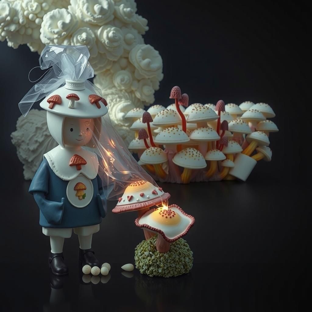 Luminous Mushroom Landscape with Porcelain Sculpture Workers