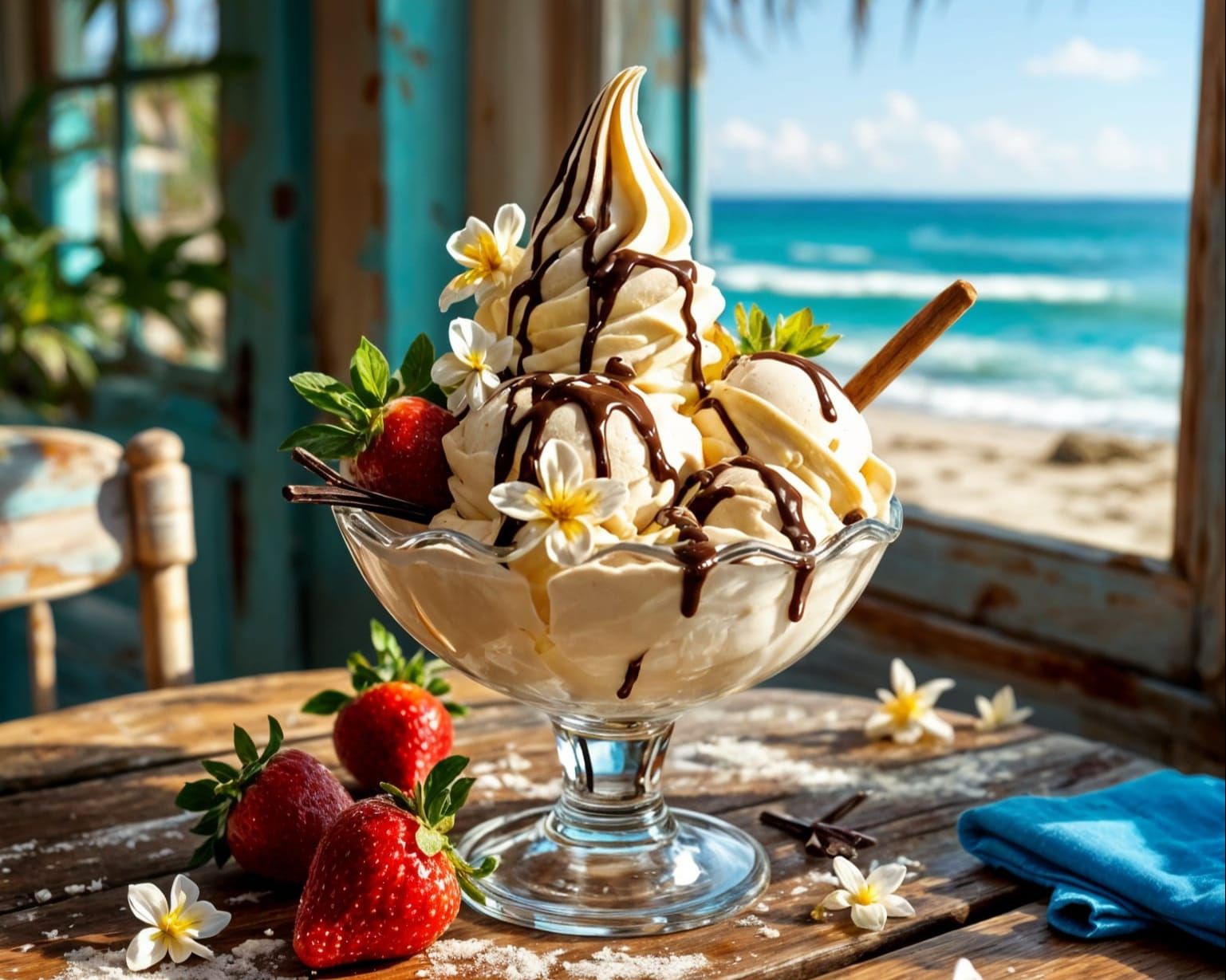 Italian Ice Cream on a Rustic Beach Cafe Table