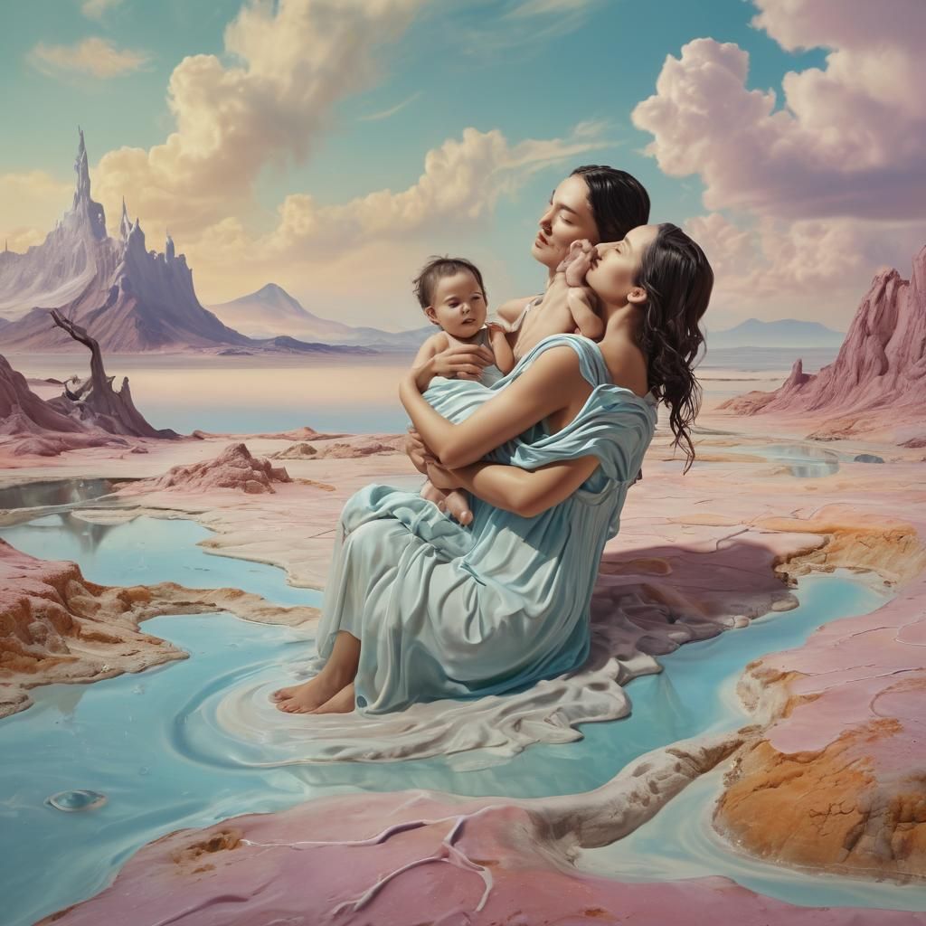 Surreal Mother and Child in Melting Landscape