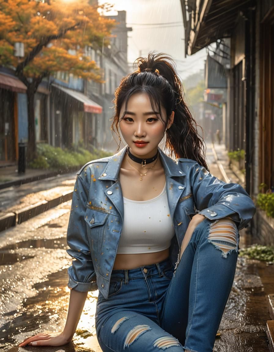 Watercolor Painting of Woman in Windswept Cityscape