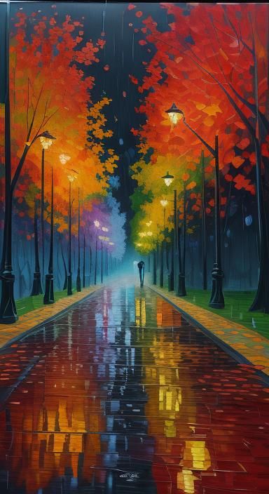 Rainy Autumn Night in Park: Paper Collage Style