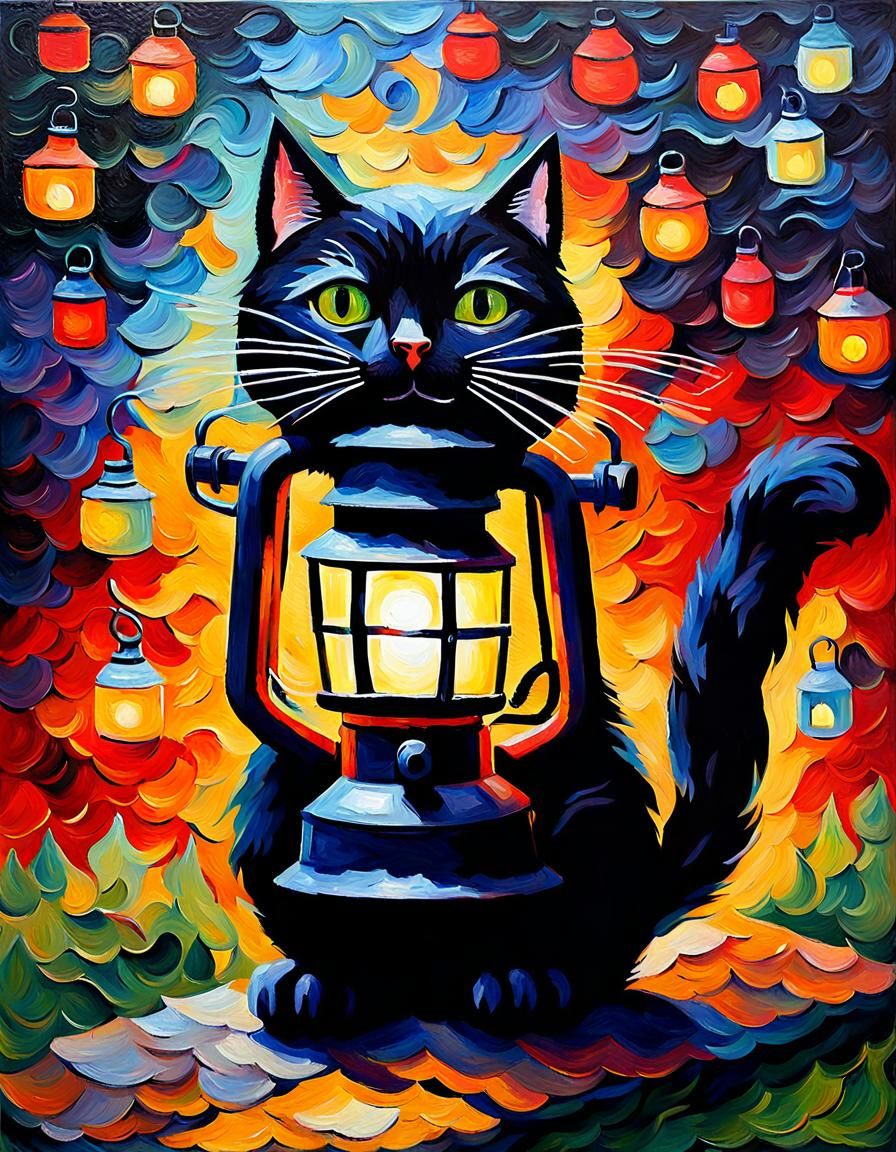 Black Cat Holds Lantern as Impasto Acrylic Painting