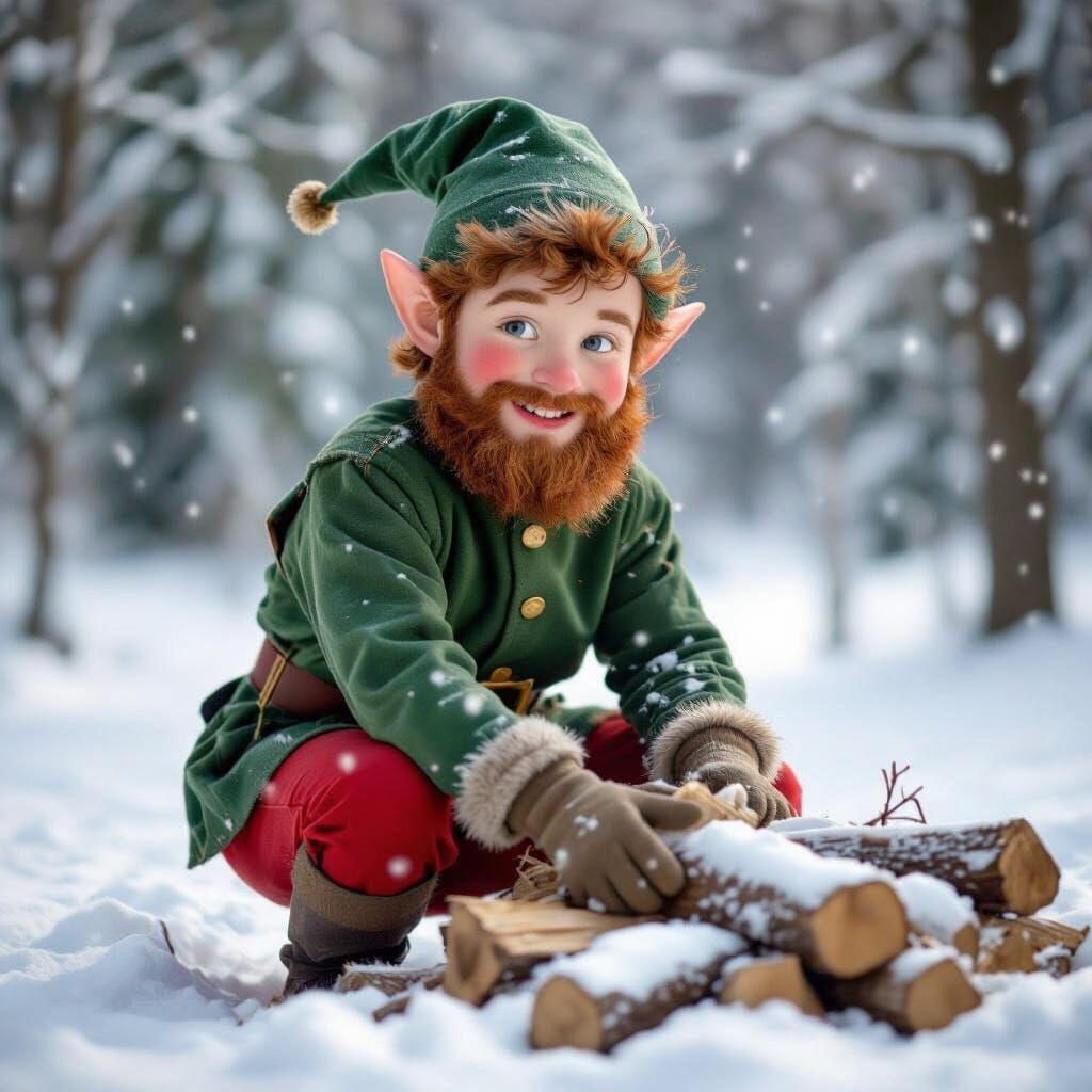 Christmas Elf Gathers Firewood in Snowy Forest