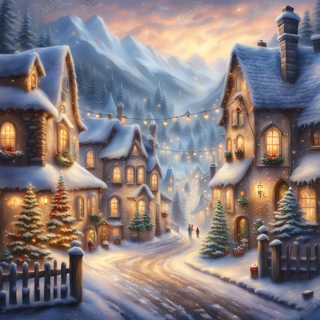 Cozy Christmas Village Street in the Mountains