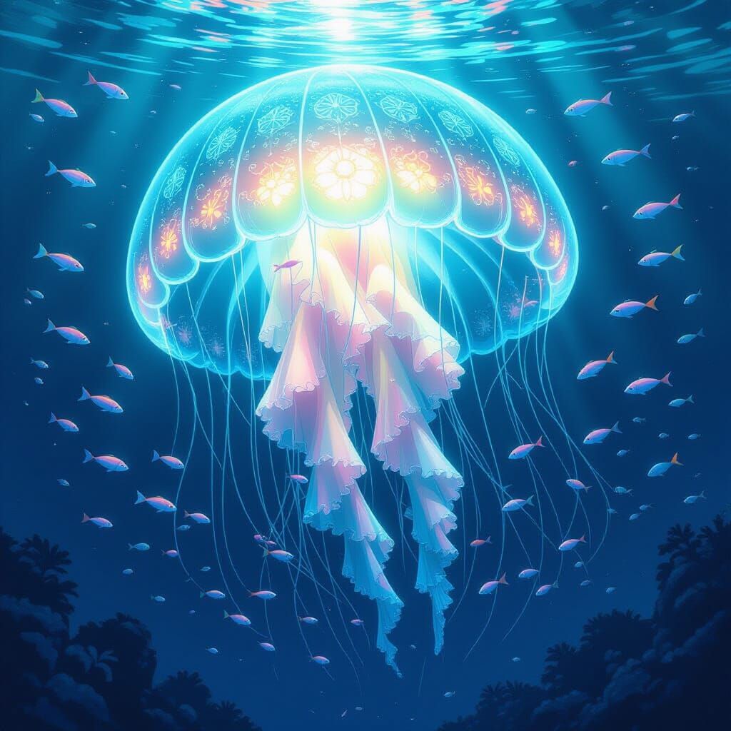 Bioluminescent Jellyfish in Abyssal Depths, Cyberpunk Aesthe...