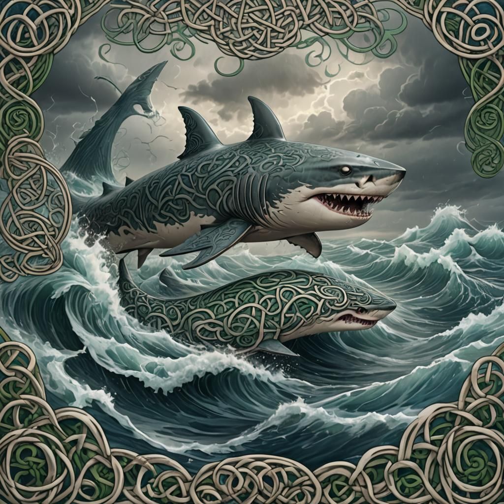 Celtic Knotwork Shark Breaching Stormy Sea
