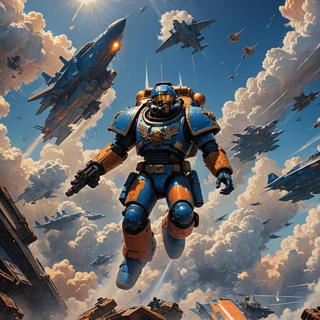 Space Marine Sky Jump in Syd Mead Style