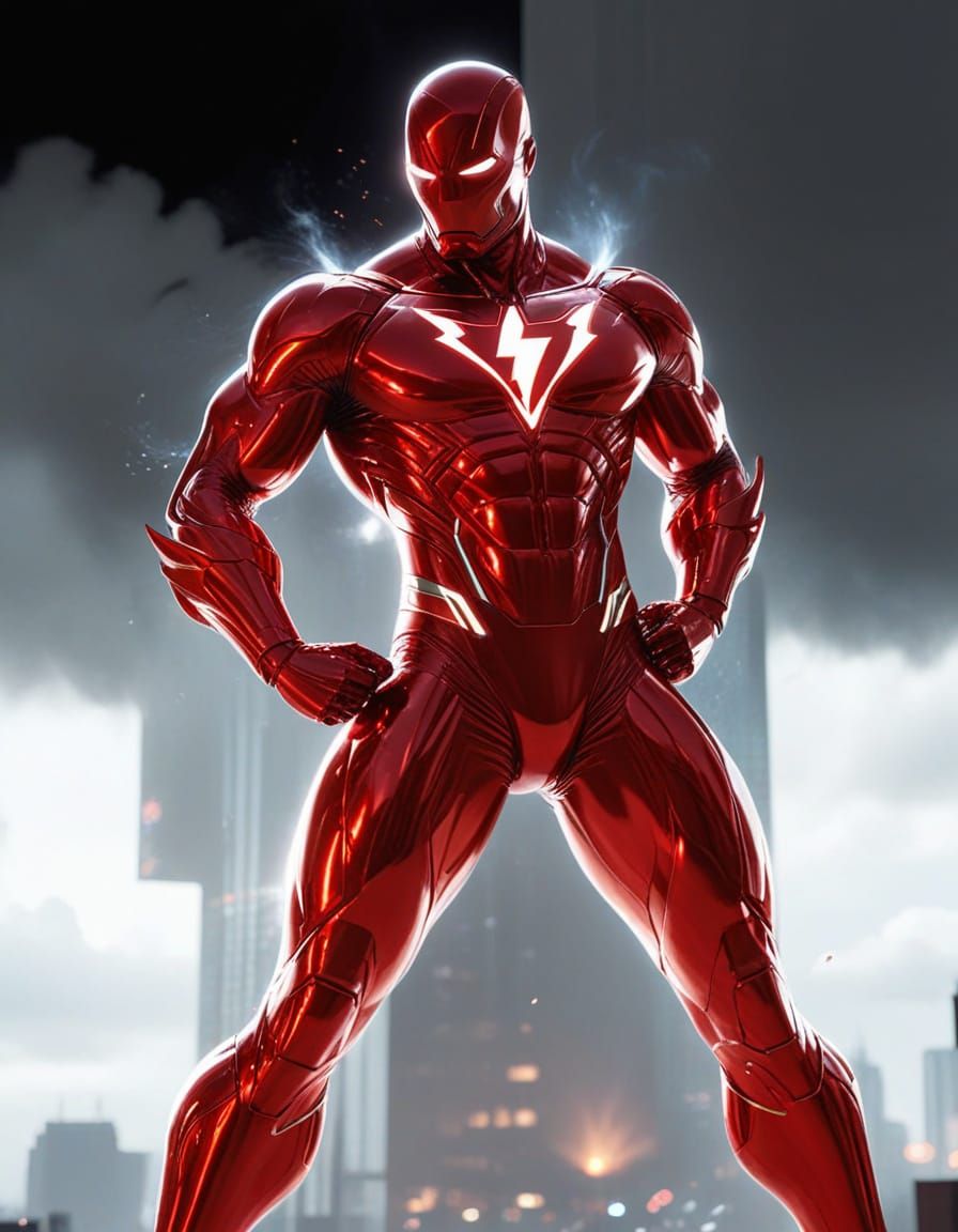 Chrome Superhero Emitting Energy Over Cityscape