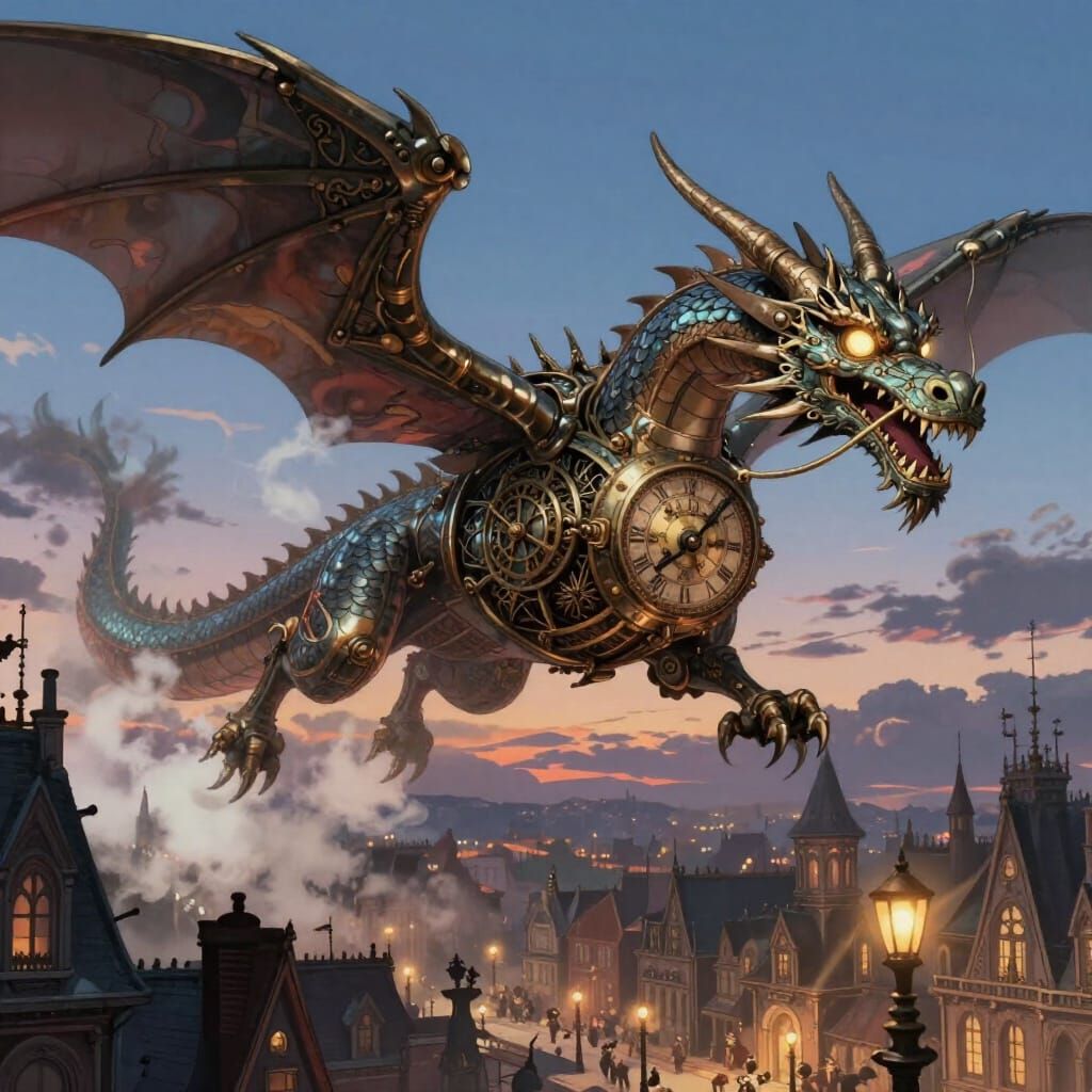 Clockwork Dragon Soars Over Victorian City in Twilight