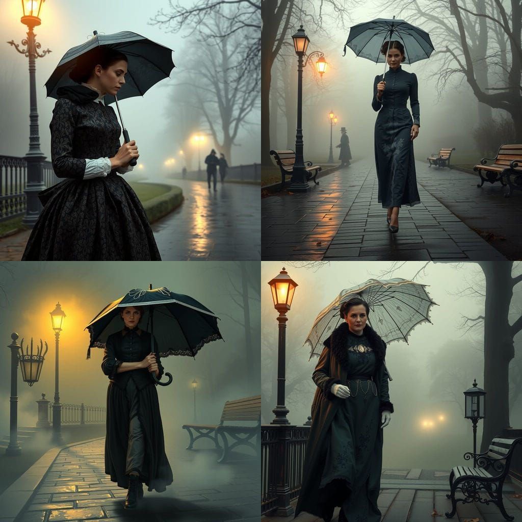 Elegant Victorian Governess Strides Through London Fog