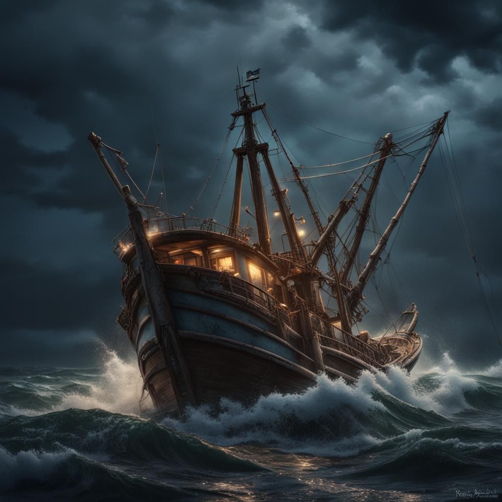 Shrimp Boat Navigates Stormy Seas: Matte Painting