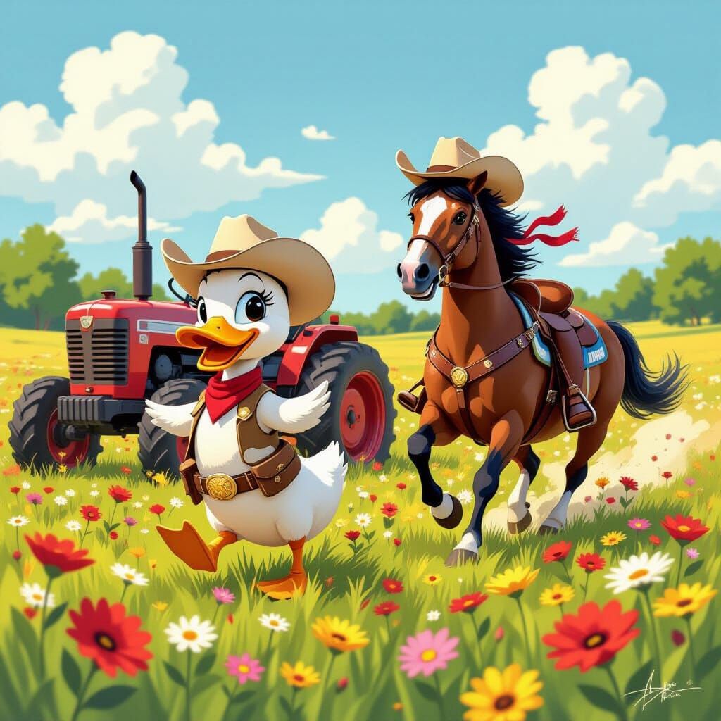 Cowgirl Duck and Horse Race Tractors in Wildflower Field