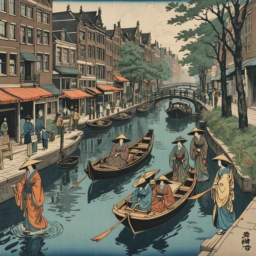 Japanese Women Boating Amsterdam Canals: Woodblock Print