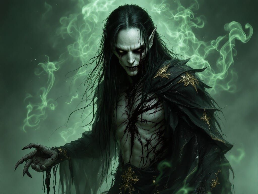 Undead Elven Sorcerer in Tattered Black Robes