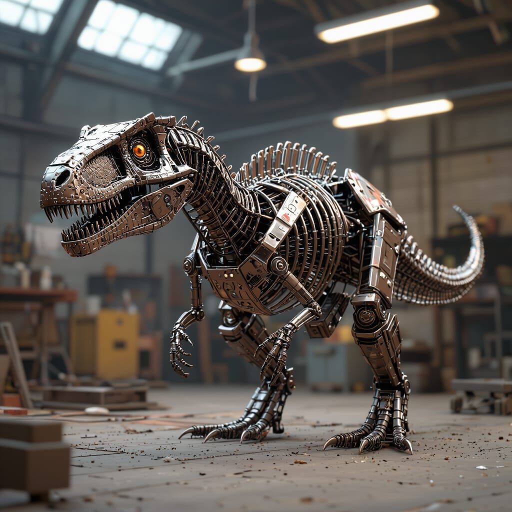 Wire Dinosaur Sculpture in Workshop: Futuristic Sci-Fi Art