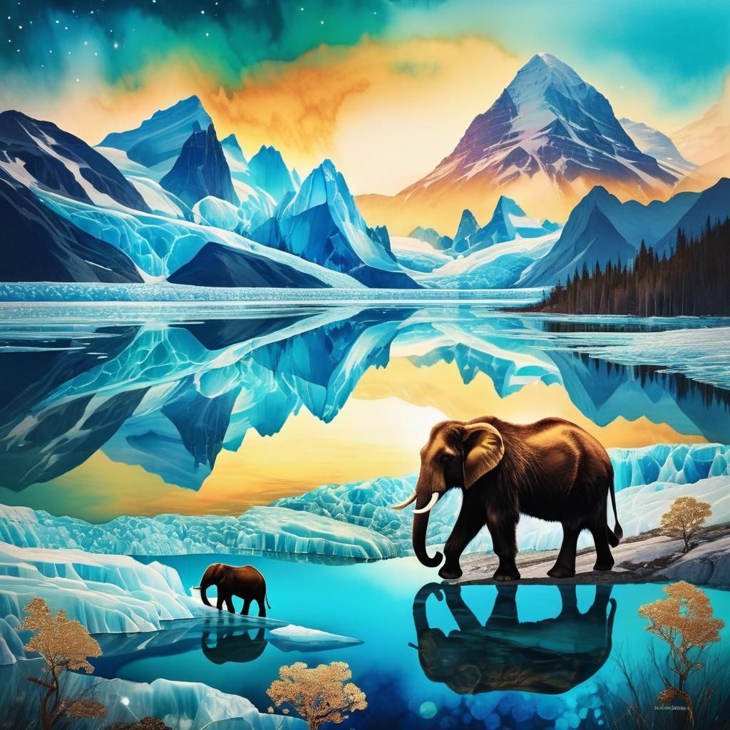Prehistoric Mammoths in Sparkling Glacier Collage