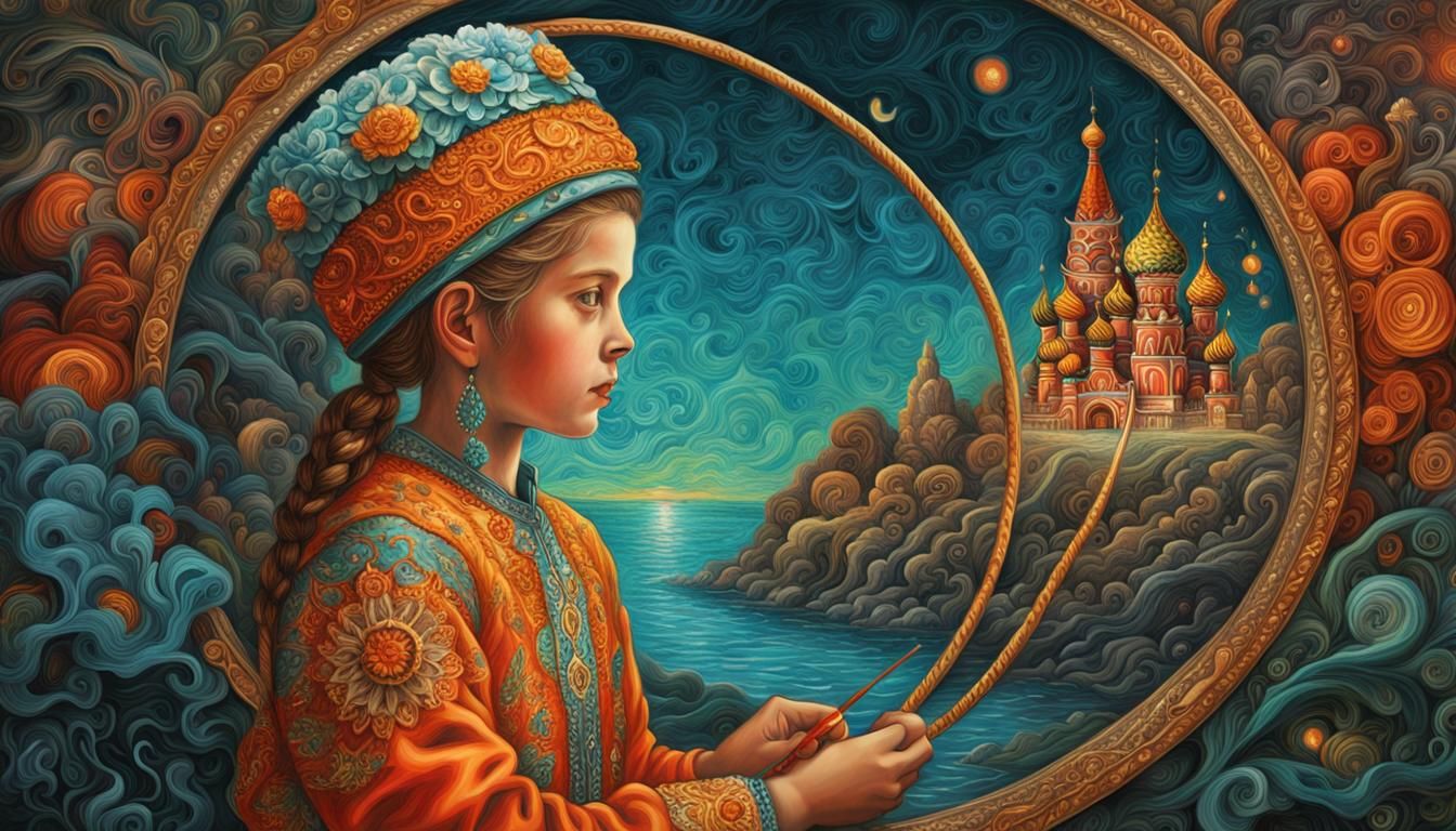 Girl in Russian Folk Costume with Intricate Embroidery