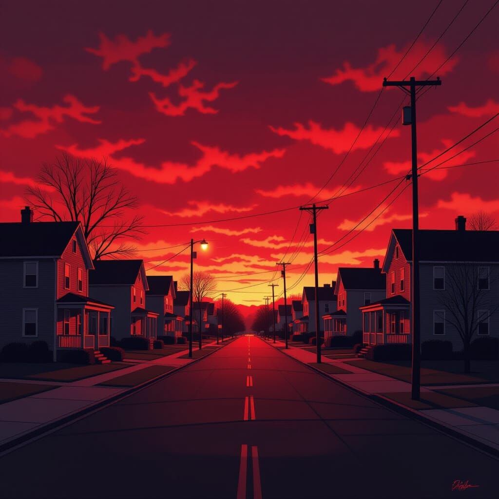 Surreal Suburban Dusk Landscape in Film Noir Style