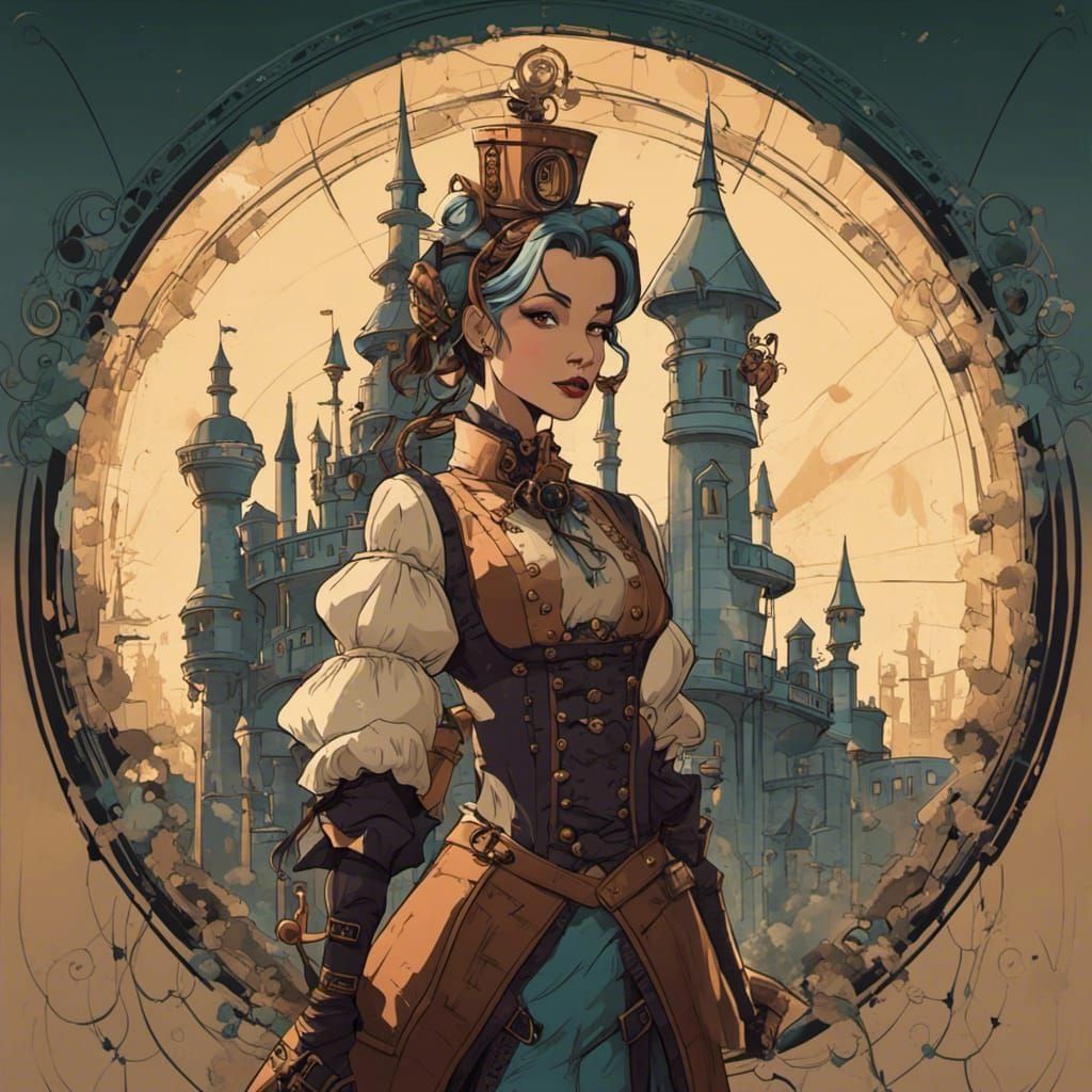 Steampunk Female Jester Portrait in Vector Art Style