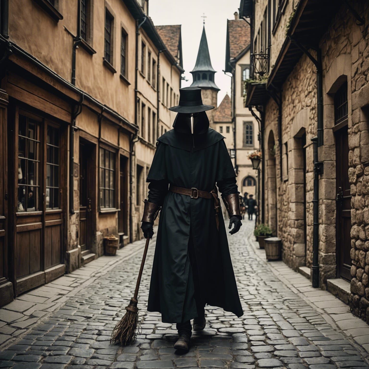 Plague Doctor Strolls Medieval Street